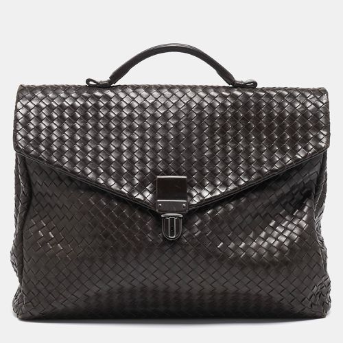 Dark Intrecciato Leather Envelope Flap Briefcase - Bottega Veneta - Modalova