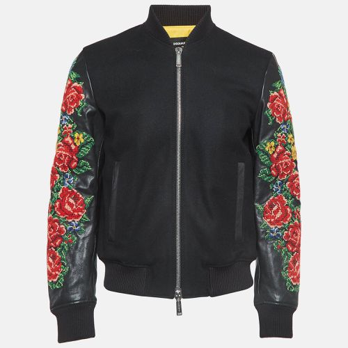 Floral Embroidered Leather and Wool Bomber Jacket S - Dsquared2 - Modalova