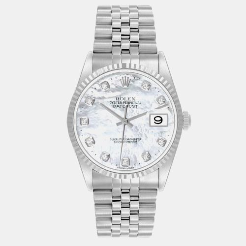 Datejust Steel White Gold Mother of Pearl Diamond Dial Mens Watch 16234 - Rolex - Modalova