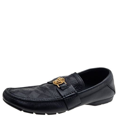 Leather And Monogram Fabric Medusa Slip On Loafers Size 44 - Versace - Modalova