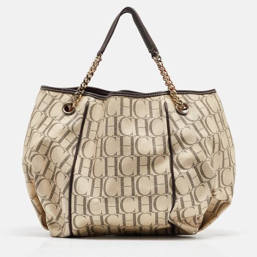 Brown Monogram Coated Canvas and Leather Chain Tote - Carolina Herrera - Modalova