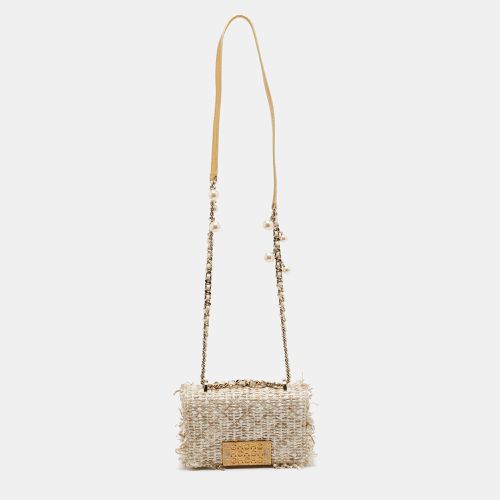 White Woven Fabric and Crystals Logo Flap Shoulder Bag - Carolina Herrera - Modalova