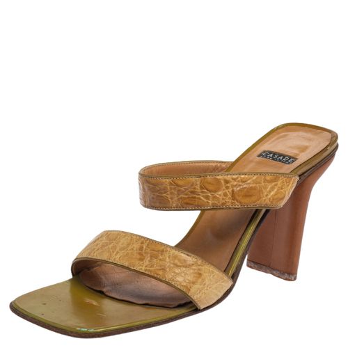 Croc Embossed Leather Square Toe Slide Sandals Size 37 - Casadei - Modalova