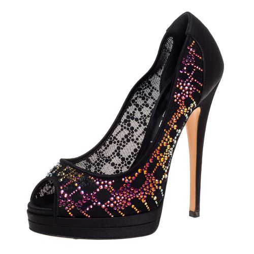 Crystal Embellished Mesh And Satin Peep Toe Platform Pumps Size 36 - Casadei - Modalova