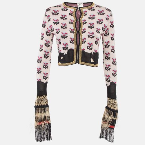 Floral Pattern Knit Feather Fringe Detail Cropped Cardigan S - Chanel - Modalova