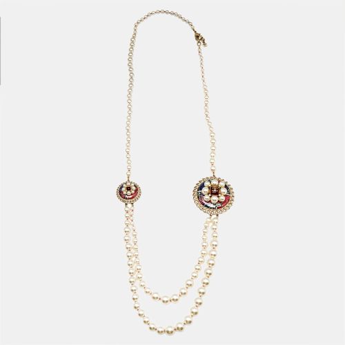 CC Resin Fabric Crystal Faux Pearl Tone Medallion Necklace - Chanel - Modalova