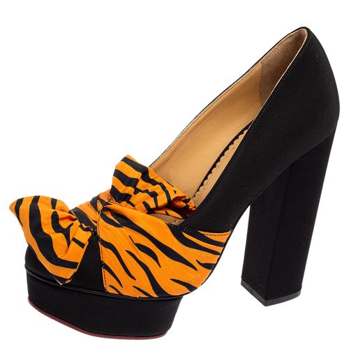 Orange Zebra Print Satin Dolly Bow Pumps Size 37.5 - Charlotte Olympia - Modalova