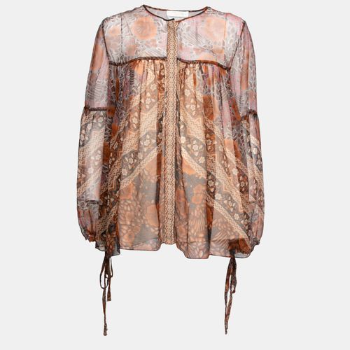 Rust Printed Silk Chiffon Gathered Sleeve Detail Blouse L - Chloe - Modalova