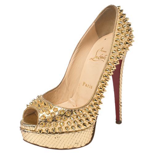 Metallic Python Leather Lady Peep Toe Spike Platform Pumps Size 35 - Christian Louboutin - Modalova