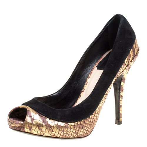 Gold Suede and Python Peep Toe Pumps Size 35.5 - Dior - Modalova