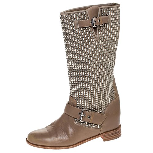 Leather Studded Buckle Detail Mid Calf Boots Size 37 - Christian Louboutin - Modalova