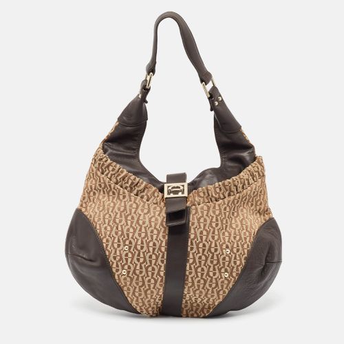 Beige Monogram Canvas and Leather Logo Flap Hobo - Aigner - Modalova