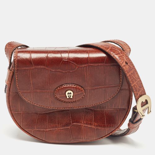 Dark Croc Embossed Leather Flap Saddle Crossbody Bag - Aigner - Modalova