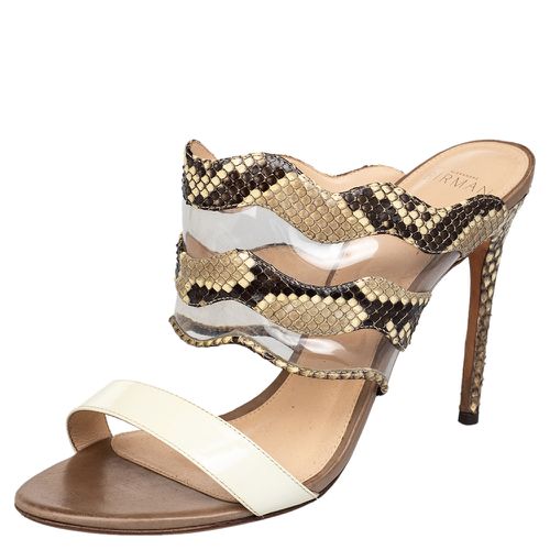 Brown Patent Leather And Python Open Toe Slide Sandals Size 39 - Alexandre Birman - Modalova