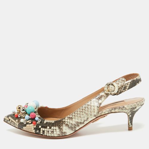 Brown/ Python Embossed Leather Embellished Bonbon Slingback Pumps Size 37.5 - Aquazzura - Modalova