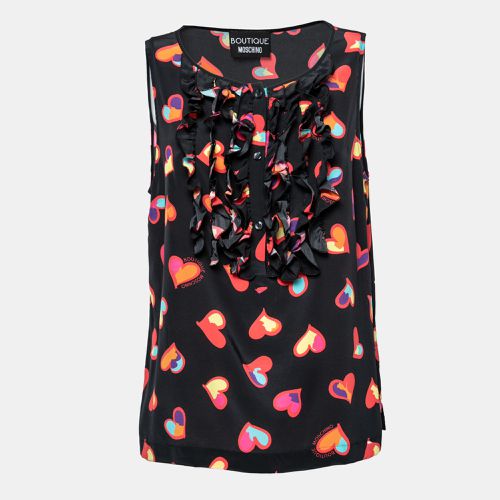 Heart Print Silk Ruffle Front Top L - Boutique Moschino - Modalova