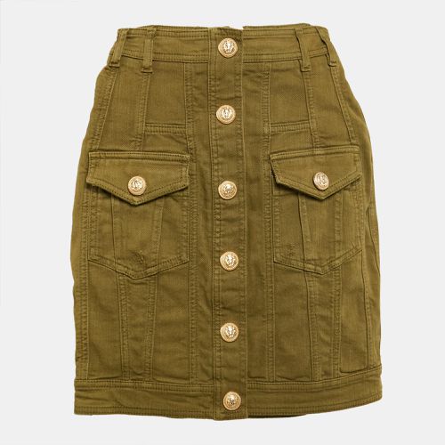 Olive Distressed Denim Accents Mini Skirt S - Balmain - Modalova