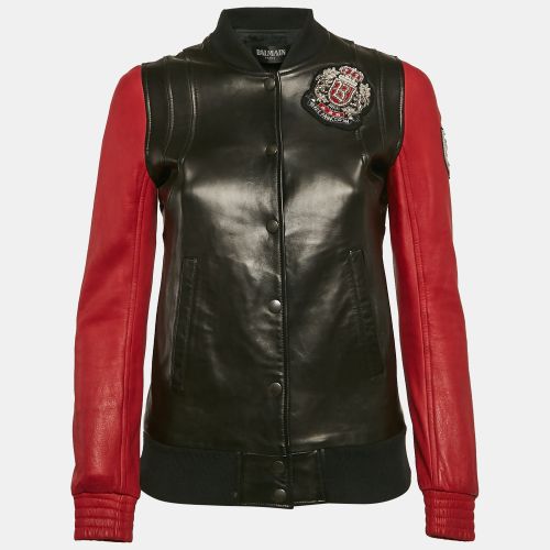 Red Leather Applique Detail Bomber Jacket M - Balmain - Modalova