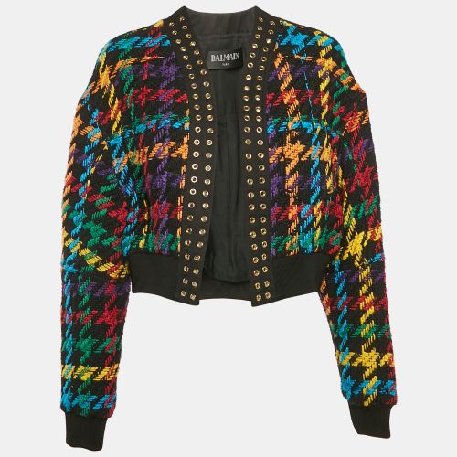 Houndstooth Cotton Blend Eyelet Detail Open Front Jacket S - Balmain - Modalova