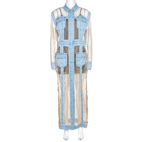 Bicolor Sheer Silk Panelled Denim Trim Shirt Dress L - Balmain - Modalova