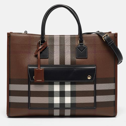 Dark Birch Check Coated Canvas and Leather Medium Freya Tote - Burberry - Modalova