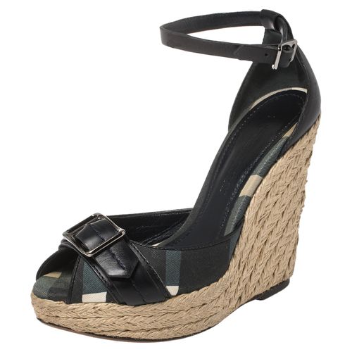 Leather and Novacheck Canvas Buckle Detail Peep Toe Espadrille Wedge Sandals Size 36 - Burberry - Modalova