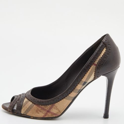 Brown Haymarket Check Canvas and Brogue Leather Peep Toe Pumps Size 39 - Burberry - Modalova