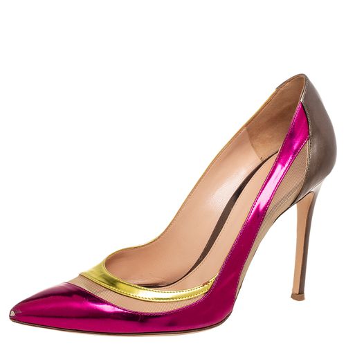 Tri-Color Metallic Leather and Mesh Paneled Pointed-Toe Pumps Size 38.5 - Gianvito Rossi - Modalova