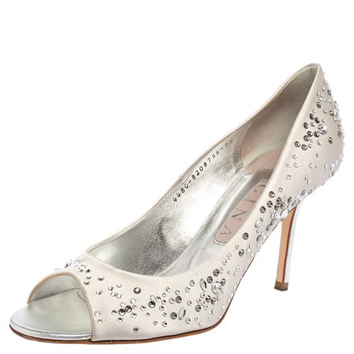 Light Grey Satin Crystal Embellished Dusk Open Toe Pumps Size 40.5 - Gina - Modalova