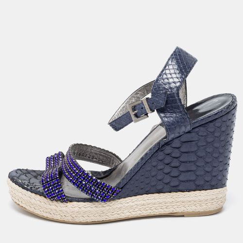 Python Leather Crystal Embellished Wedge Platform Ankle-Strap Sandals Size 40.5 - Gina - Modalova