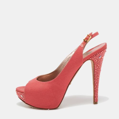 Coral Canvas Crystal Embellished Open Toe Slingback Pumps Size 39.5 - Gina - Modalova