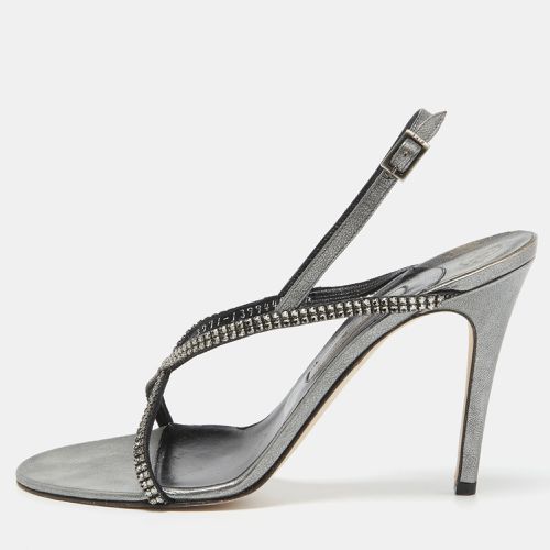 Grey Leather Crystal Embellished Slingback Sandals Size 39.5 - Gina - Modalova