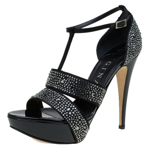 Crystal Embellished Leather T Strap Platform Sandals Size 38 - Gina - Modalova