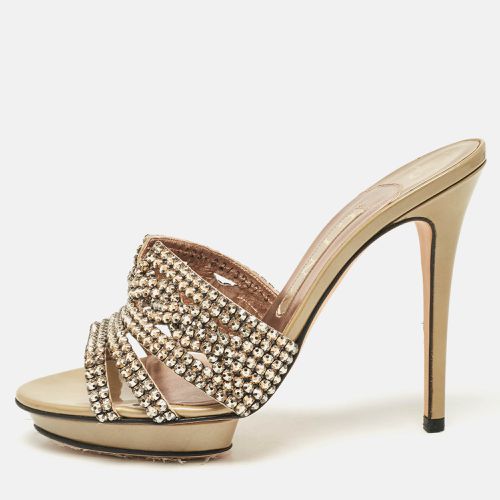 Rose Gold Leather Crystal Embellished Slide Sandals Size 38 - Gina - Modalova