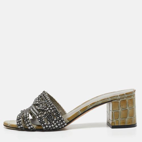 Croc Embossed Leather and Leather Crystal Embellished Slide Sandals Size 37 - Gina - Modalova