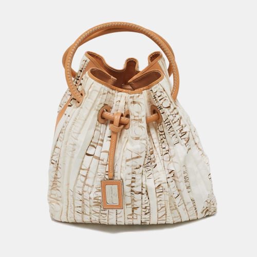 Brown Print Canvas and Leather Pleated Ring Handle Hobo - Giorgio Armani - Modalova