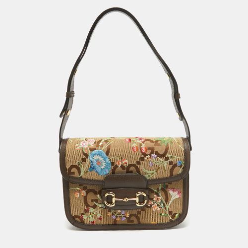 Ebony Jumbo GG Canvas and Leather Floral Embroidered Small 1955 Horsebit Shoulder Bag - Gucci - Modalova