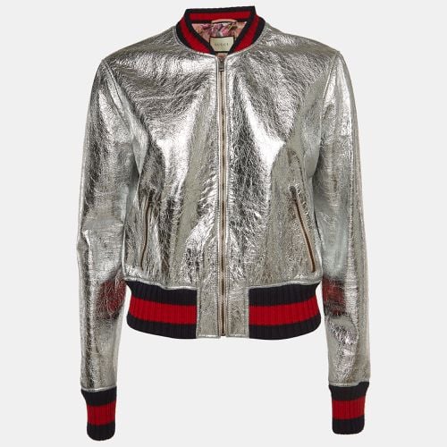 Silver Crinkle Leather Bomber Jacket L - Gucci - Modalova