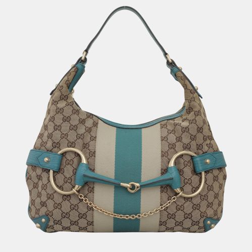 Brown Leather, Canvas Oversized Horsebit Hobo Bag - Gucci - Modalova