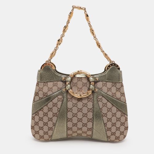 Metallic Green Canvas and Leather Bamboo Ring Tote - Gucci - Modalova