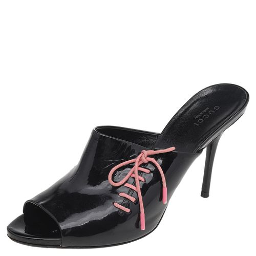 Patent Leather Lace Up Detail Peep Toe Mules Size 39 - Gucci - Modalova