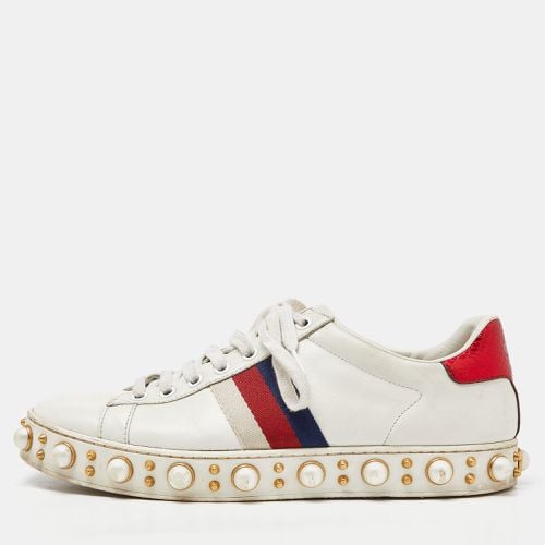 Leather Web Detail New Ace Faux Pearl Embellished Low Top Sneakers Size 39 - Gucci - Modalova