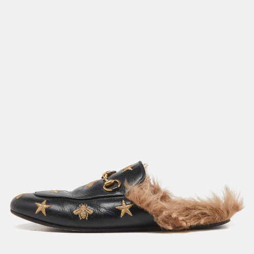 Leather and Fur Lined Bee Star Embroidered Horsebit Princetown Flat Mules Size 37 - Gucci - Modalova