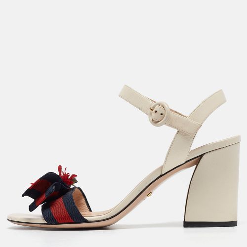 Leather Web Bow Flower Block Heel Ankle Strap Sandals Size 39 - Gucci - Modalova