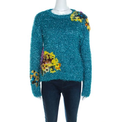 Metallic Blue Tinsel Rib Knit Floral Applique Sweater S - Dolce & Gabbana - Modalova