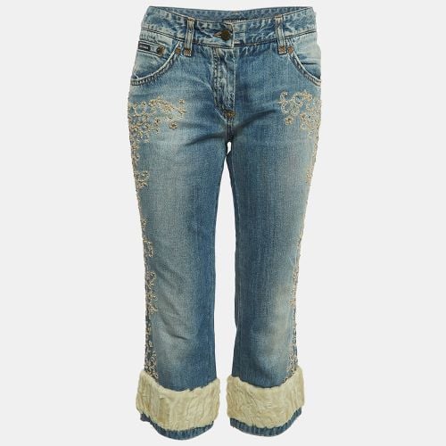 Embroidered Shearling Trimmed Denim Cropped Jeans M Waist 34'' - Dolce & Gabbana - Modalova