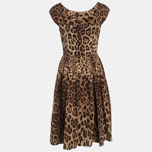 Leopard Print Cotton Gathered Midi Dress S - Dolce & Gabbana - Modalova