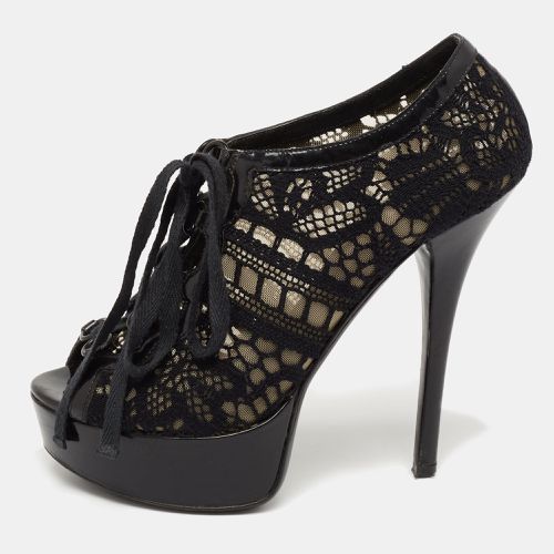 Lace and Patent Leather Lace-Up Peep-Toe Platform Booties Size 37.5 - Dolce & Gabbana - Modalova