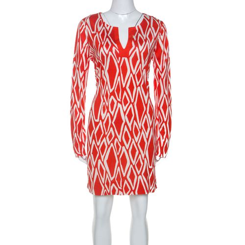 Coral Ikat Print Silk Reina Long Sleeve Dress L - Diane Von Furstenberg - Modalova