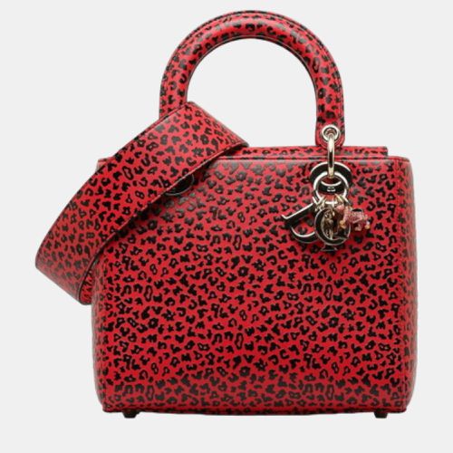 Red/ Leather Leopard Print Medium Lady Top Handle Bag - Dior - Modalova